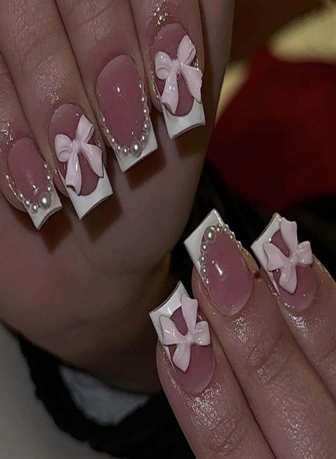 YoYoee Press on Nails -Short French Fake Nails Square False Nails Pearl Bow Nails Tips for Women and Girls 24Pcs - Image 1
